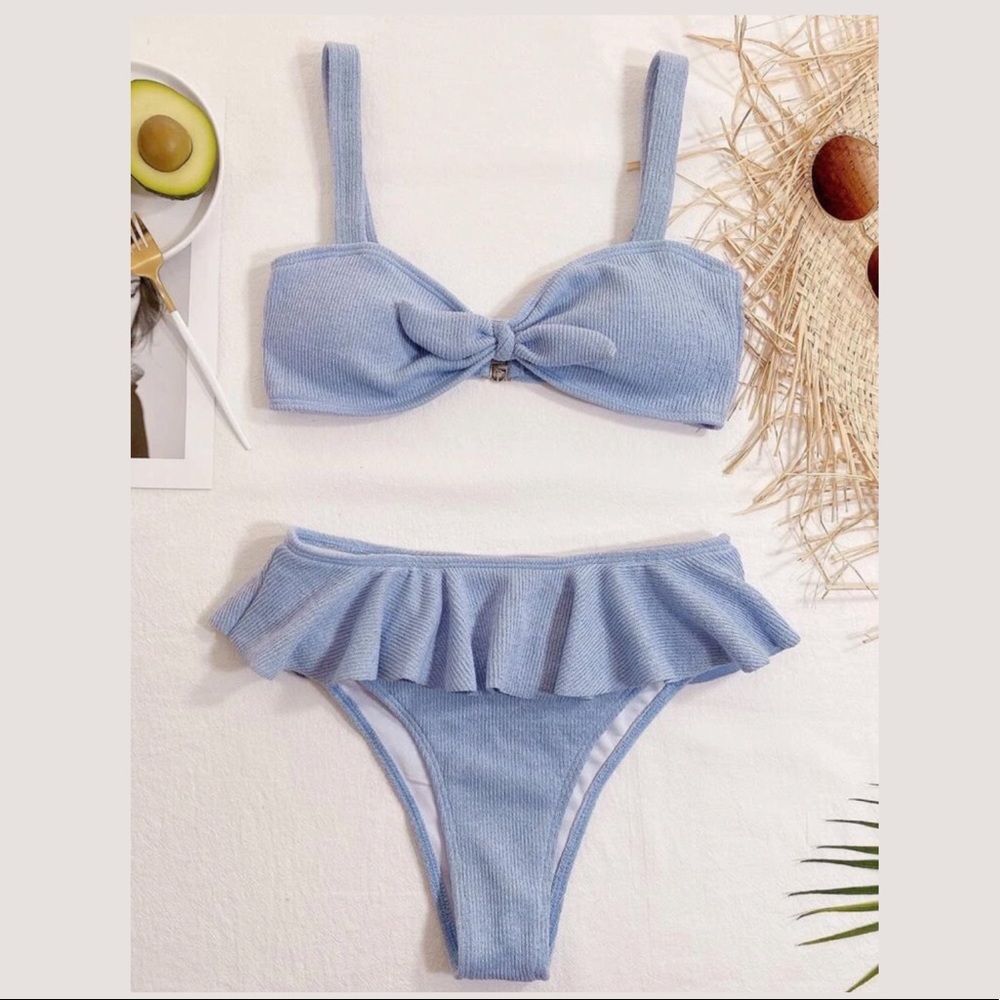 Blue Bikini Swimsuit ruffle hem